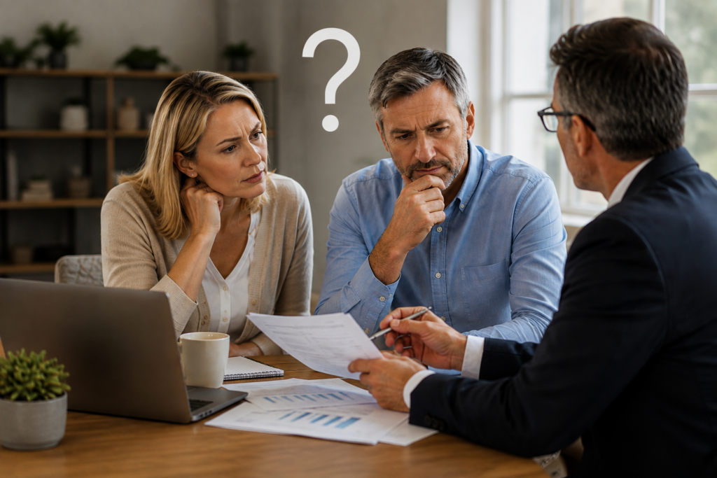Couple reviewing investment documents with financial advisor and question mark
