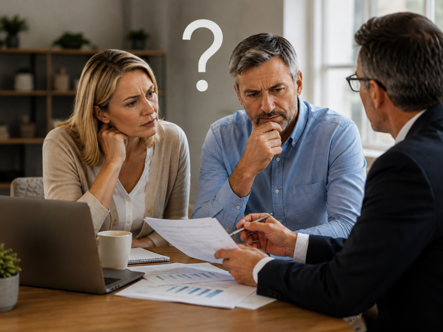 Couple reviewing investment documents with financial advisor and question mark