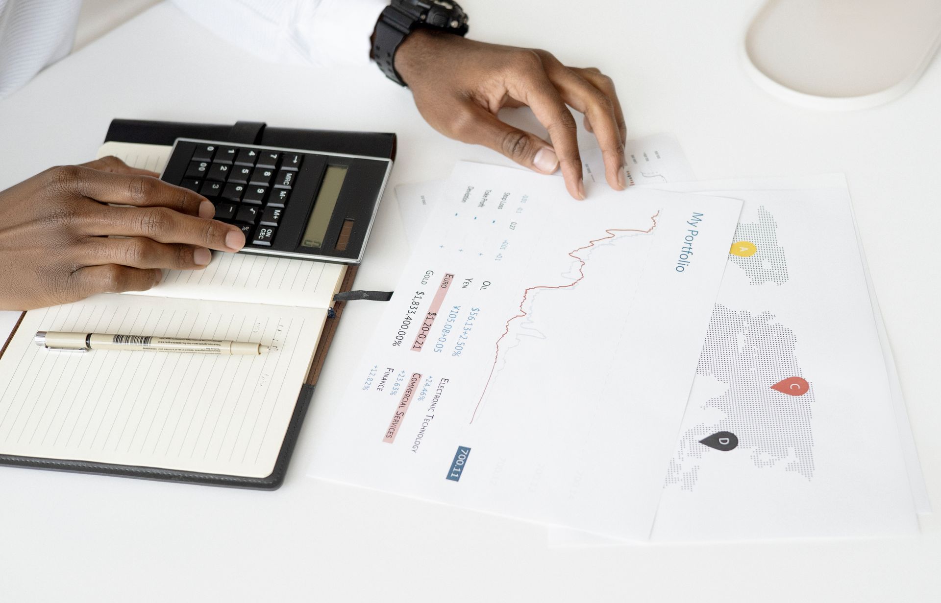 Financial documents and calculator for real estate investment planning