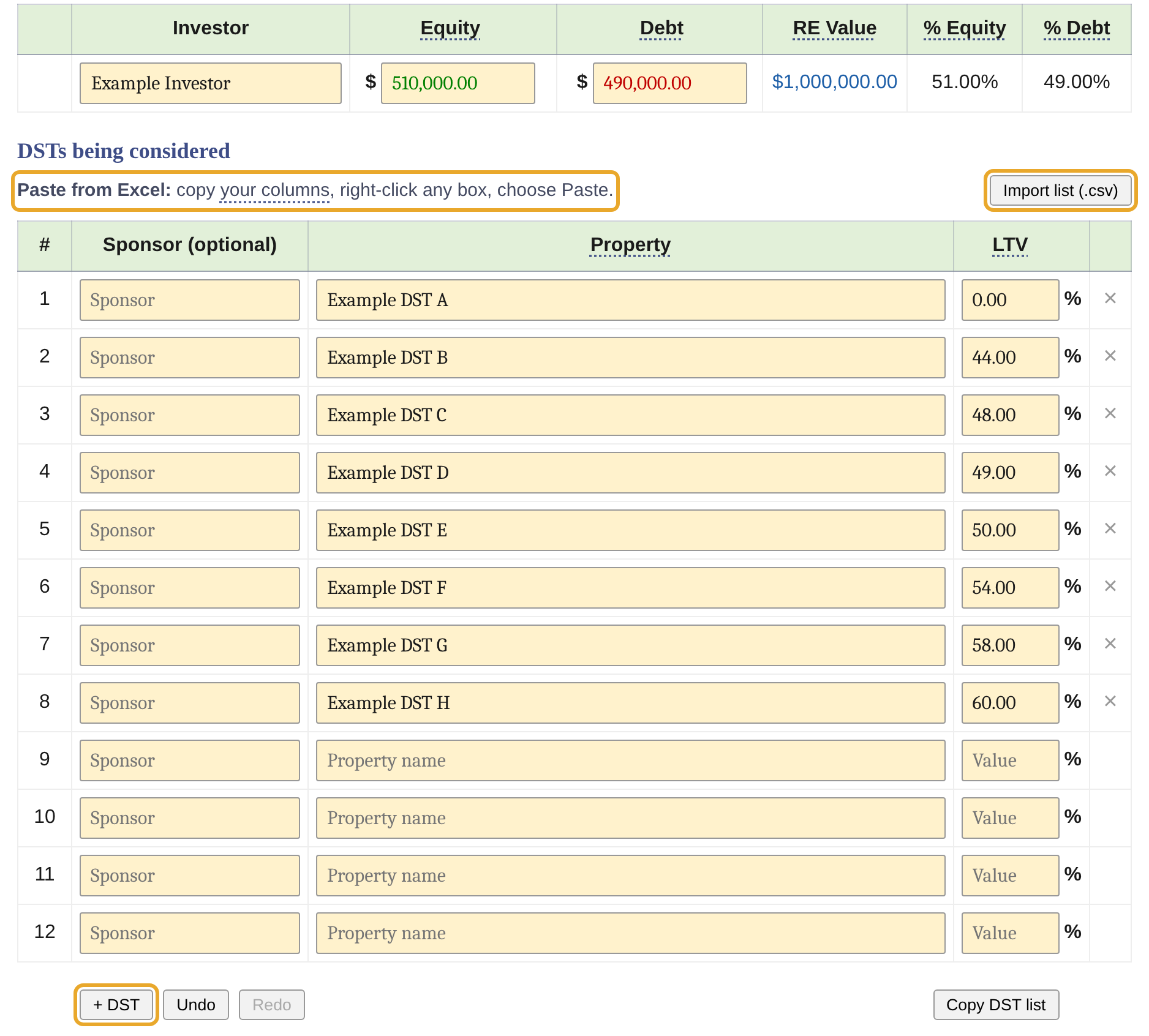 The example sale and eight made-up DSTs in the list, with the paste line, Import list and + DST outlined